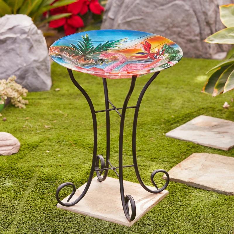 Flamingo Sunset Glass Bird Bath with Metal Stand