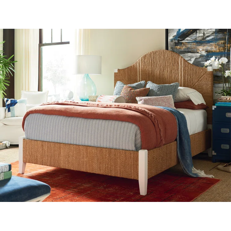 King Transitional Brown Pine Upholstered Panel Bed