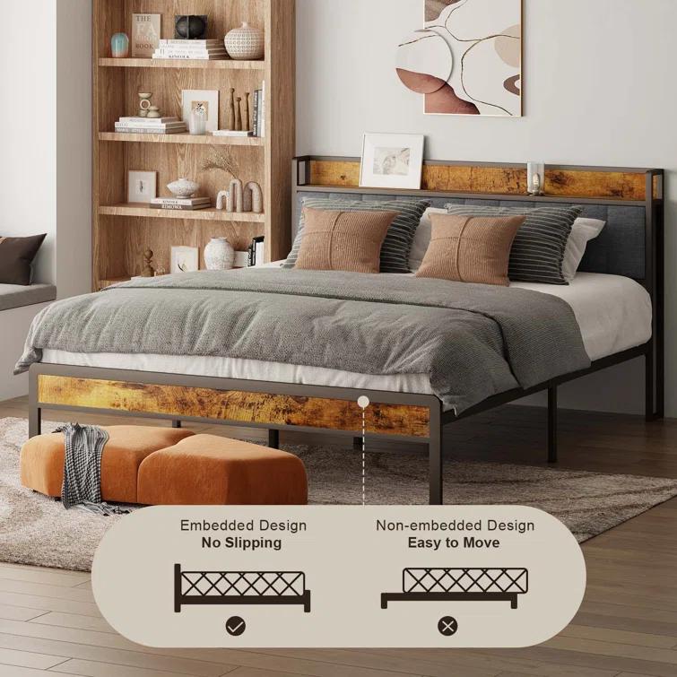 17 Stories Kewarra Platform, Metal Bed Frame with Storage Headboard, Sturdy and Stable