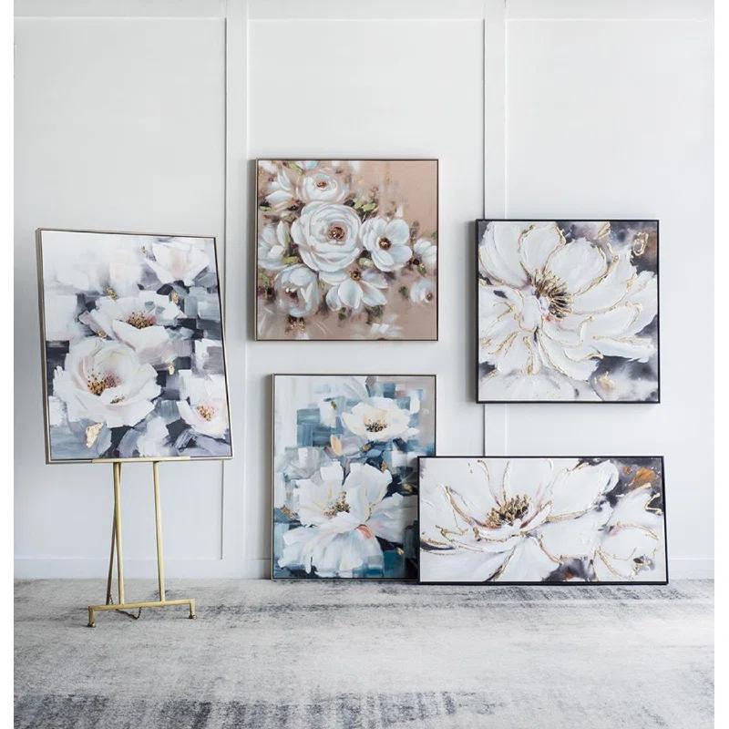 A&B Home Blooming Floral Framed Hand-Painted Wall Art - 24.5"W X 48"H X 2“L - Black Frame - Cream/Gray