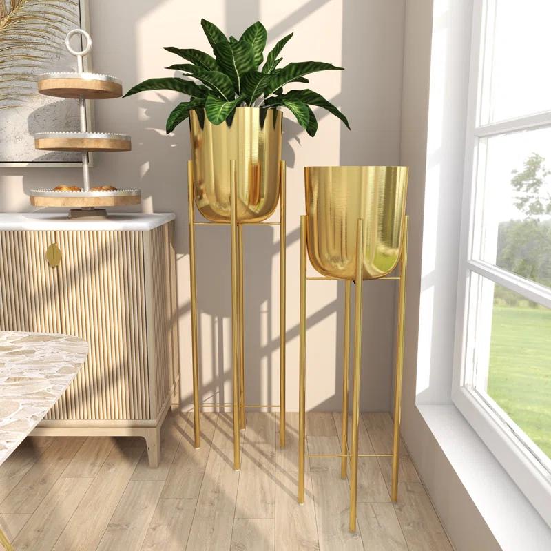 CosmoLiving by Cosmopolitan 2 - Piece Silver Metal Tall Indoor Outdoor Dome Indoor Outdoor Planter with Removable Stand Set