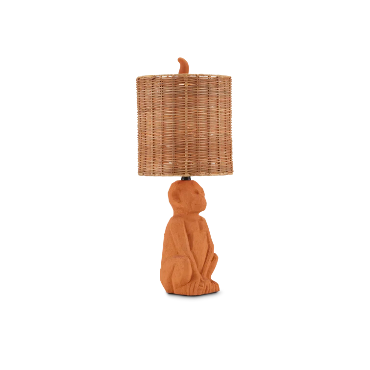 Terracotta Monkey Sculpture Table Lamp with Natural Rattan Shade
