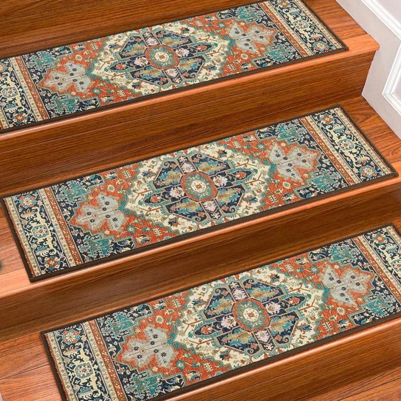 Bungalow Rose Stair Treads For Wooden Steps Indoor, 15 Pack 8" X 30" Non Slip Carpet Stair Treads With Reusable Adhesive For Kids Elders And Dogs, TPR Backing Stair Rugs Oriental Staircase Step Treads,Bohemia
