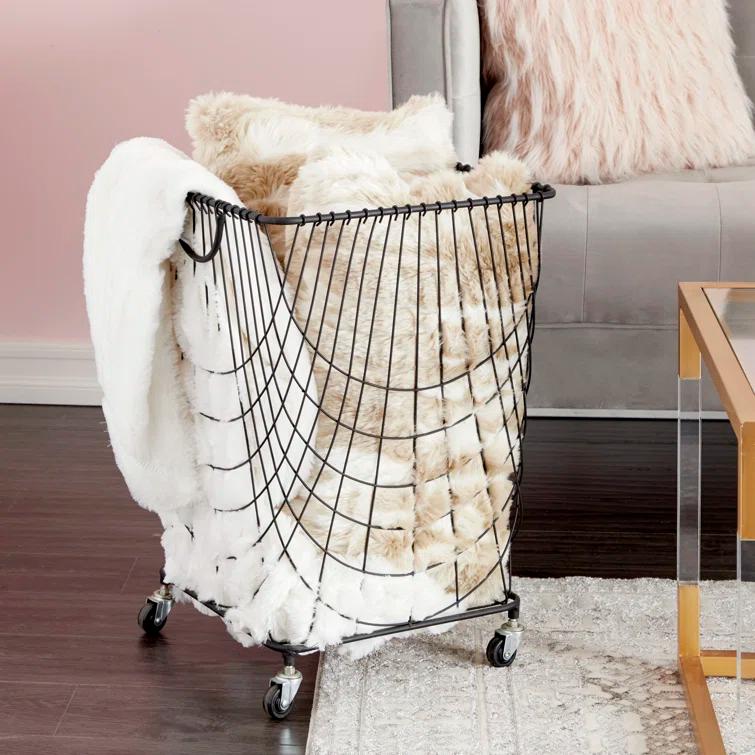 Metal Deep Set Metal Mesh Laundry Basket Storage Cart with Wheels and Handles