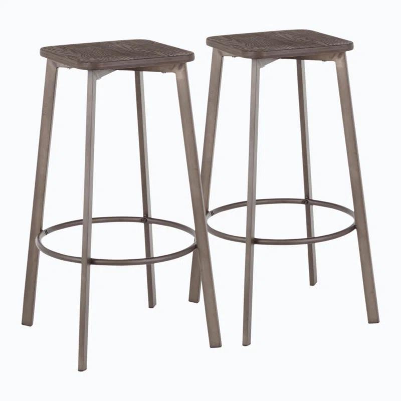 17 Stories Square Barstool In Vintage Metal And Espresso Wood-Pressed Grain Bamboo By Lumisource - Set Of 2