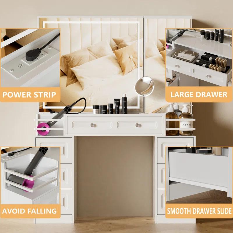 Ivy Bronx Vanity Desk With Mirror And Lights, Makeup Vanity With Charging Station & 7 Drawers, White Vanity With 2 Fences, Dressing Table With Hidden Cabinet, For Women Girls, Brightness Adjustable