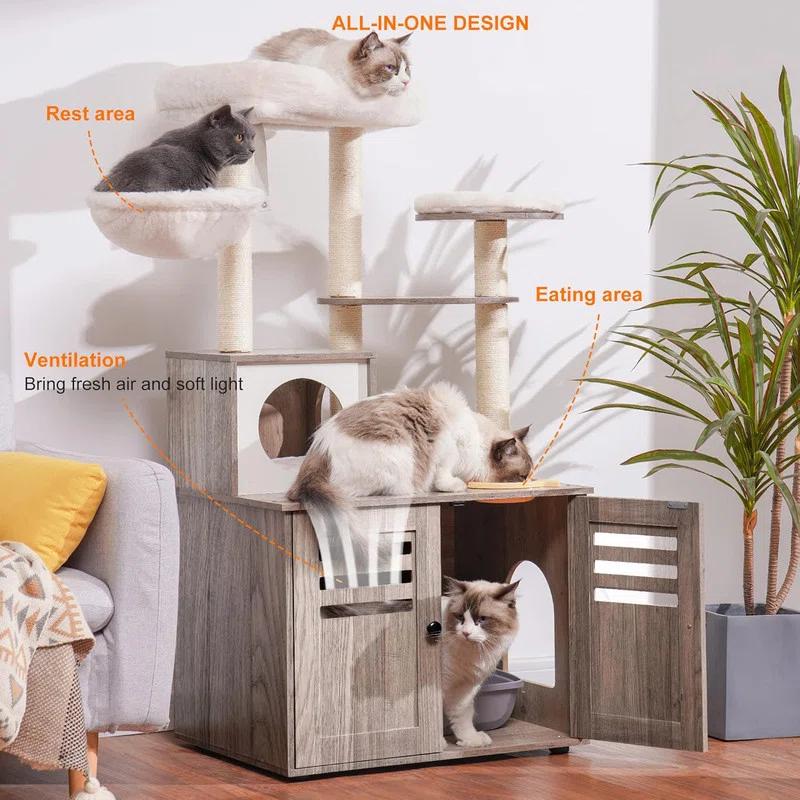 Wood Litter Box Enclosure with Food Station, All-in-one Indoor Cat Furniture with Large Platform and Condo