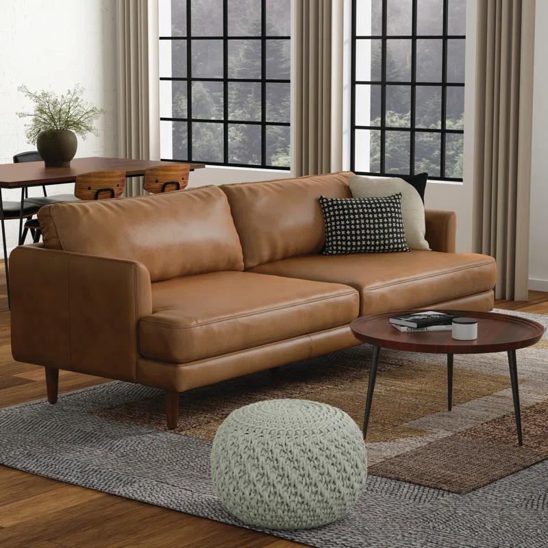 Simpli Home Livingston Top Grain Genuine Leather Mid-Century Modern Sofa With Solid Wood Frame For Living Room