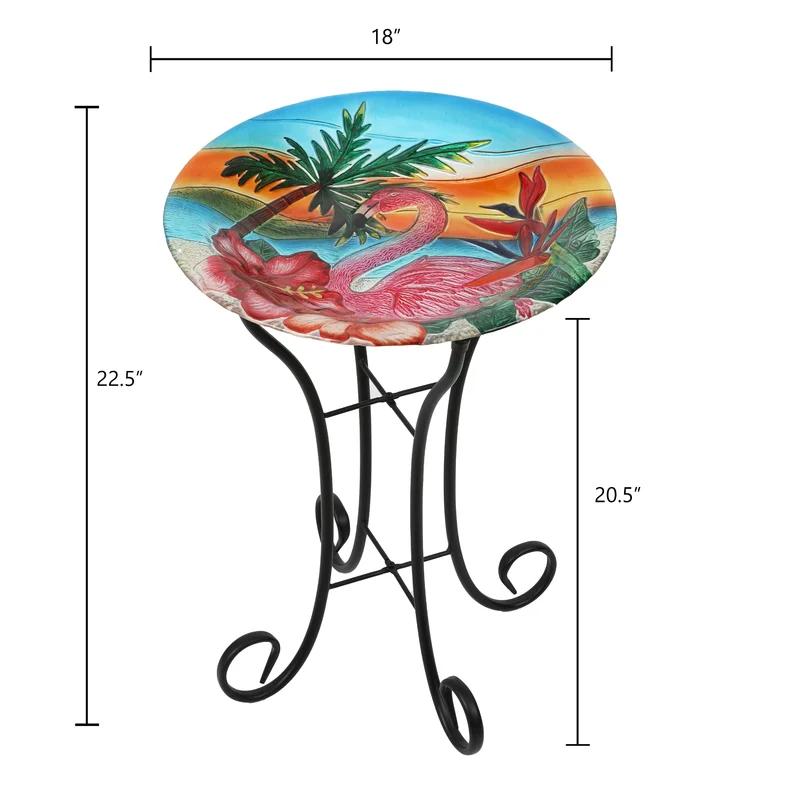 Flamingo Sunset Glass Bird Bath with Metal Stand