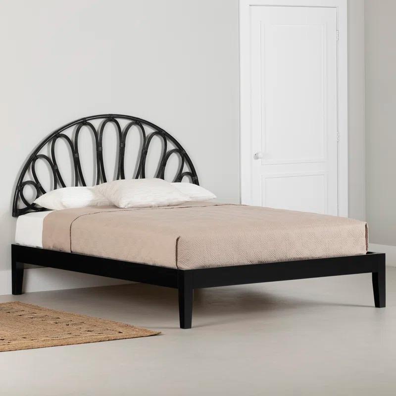 South Shore Hoya Queen Wooden Bed And Rattan Wall-Mounted Flower Petals Headboard Set