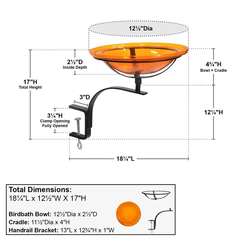 12 Inch Crackle Birdbath with Rail Mount Bracket