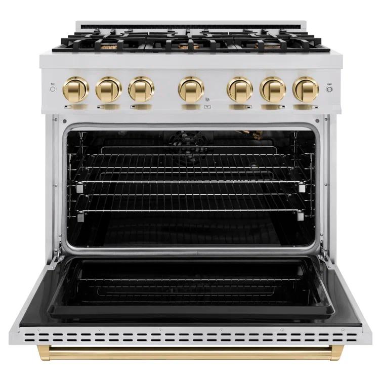ZLINE CGRZ-36-G ZLINE Autograph Edition 36 in. 5.2 cu. ft. Classic Gas Range W/ 6 Burner Cooktop & Convection Gas Oven in Stainless Steel & Champagne Bronze Accents (CGRZ-36-CB)