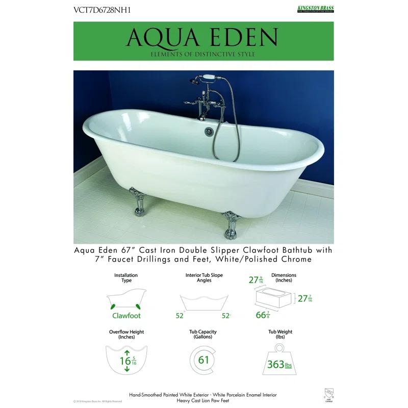 Kingston Brass Aqua Eden 67-Inch Cast Iron Oval Double Slipper Clawfoot Tub (7-Inch Faucet Drillings)