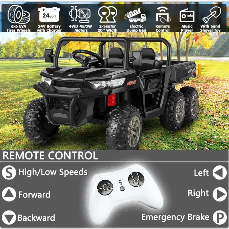 JOYRACER 24V 2 Seater Ride On Dump Truck with Remote Control , Electric UTV Car with Electric Dump Bed, 4WD Power Ride Cars W/6 Wheels Ride On Toys with Shovel Music Player