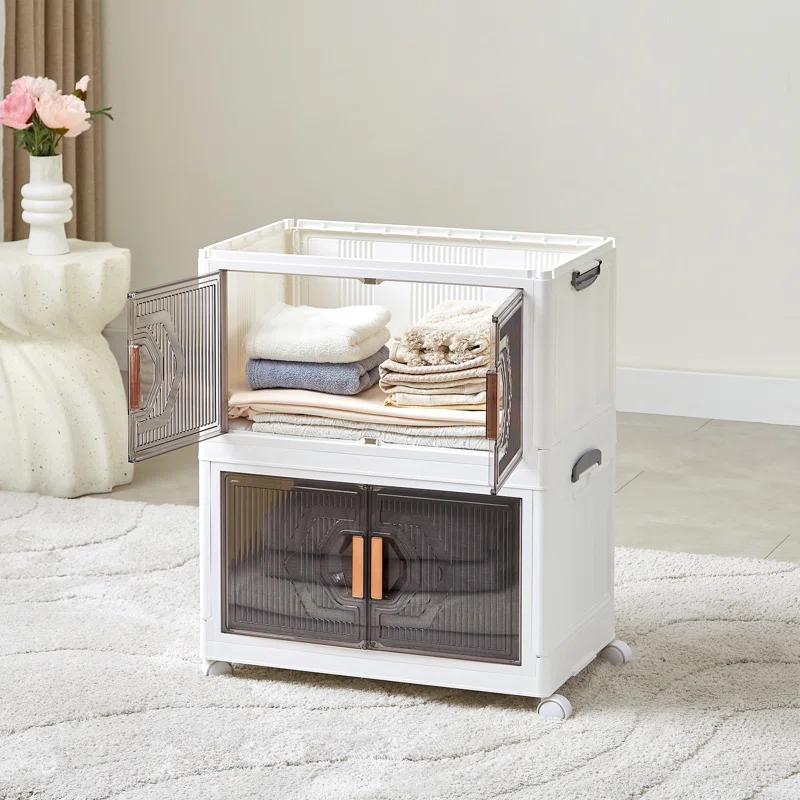 Rebrilliant Canas 3 Pack Stackable Storage Bins Folding Organizer Boxes Collapsible Closet With Doors Wheels Lids