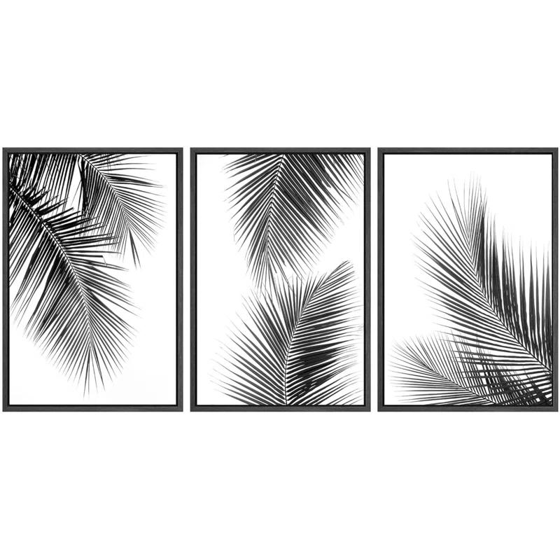 IDEA4WALL Minimal Botanical Black And White Tropical Palm Tree Leaves Organic Modern Framed Canvas 3 Pieces Print Wall Art