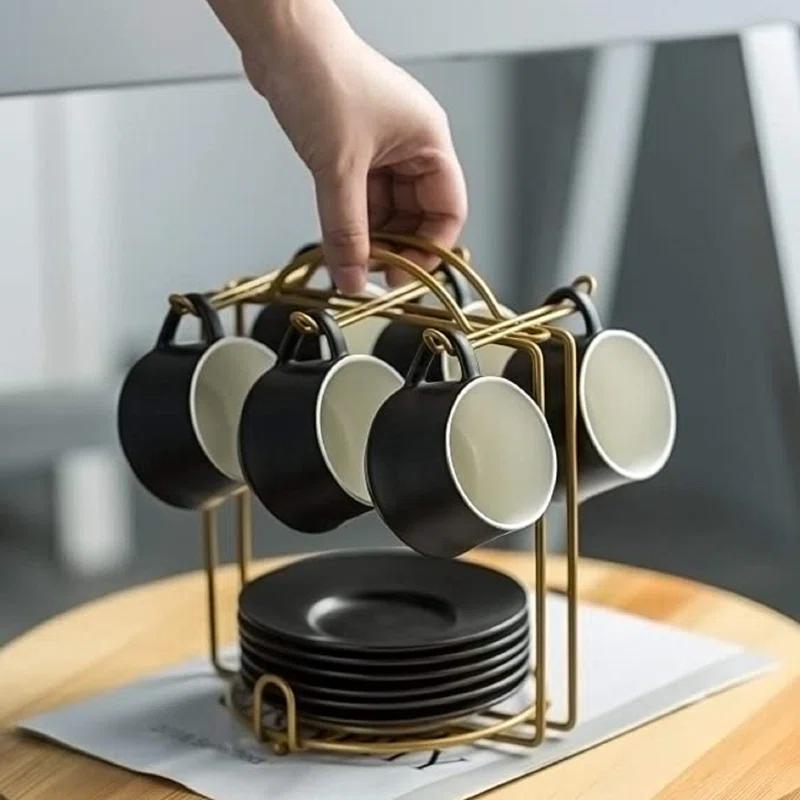 QXXSJ Coffee Cup Set Espresso Cups With Saucers Set With Cup Holder 4 Oz Espresso Cup Set Of 6 - Demitasse Cups Black (Set of 6)