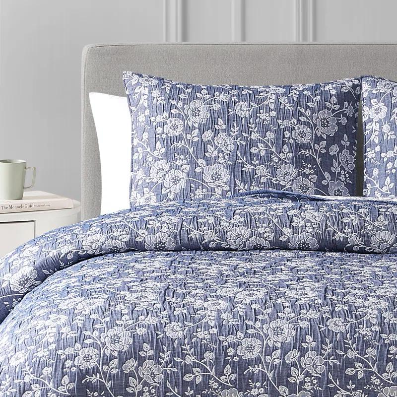 Design Studio CEDAR COURT Marguerite Floral Navy Soft Woven Matelasse Jacquard Cotton Blend Quilt Set