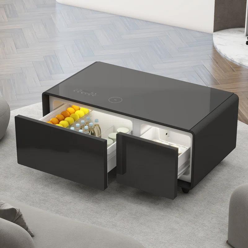 CRS APPLIANCES, Modern Smart Coffee Table with Built-in Fridge, Bluetooth Speaker, Wireless Charging, Touch Control Panel, USB Ports, Outlet Protection, Atmosphere light
