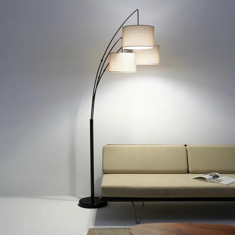 Brightech Trilage 84 in. Mid-Century Modern 3-Light Adjustable LED Arched Standing Floor Lamp with 3 Fabric Drum Shades