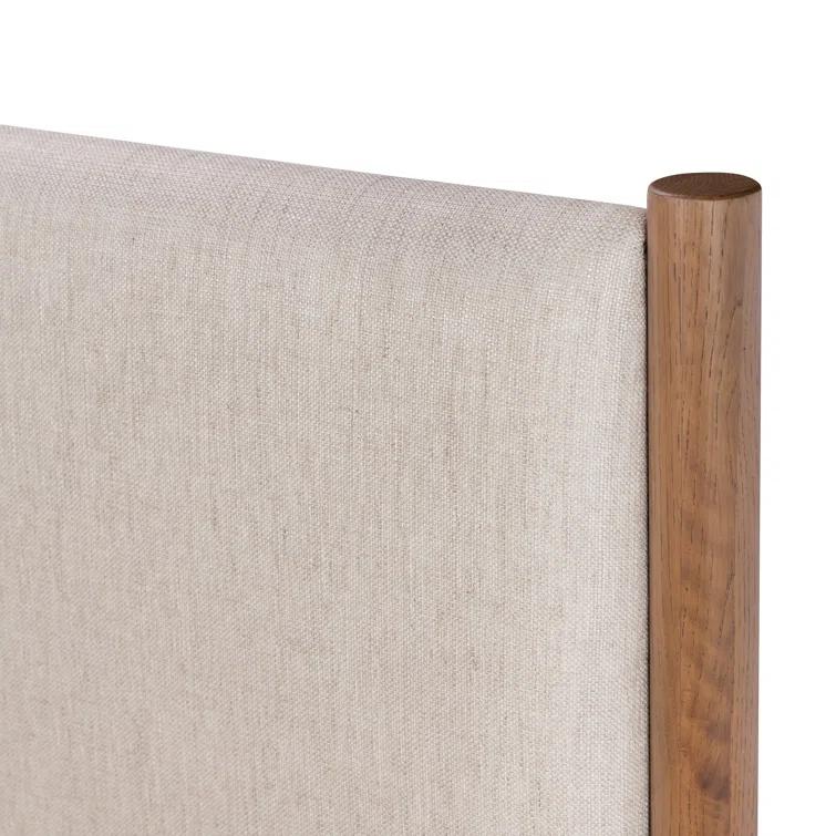 Queen Oak Upholstered Headboard Bed with Slats