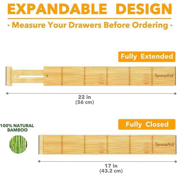 SpaceAid Bamboo Drawer Dividers with Inserts and Labels – Adjustable Kitchen Drawer Organizers, Expandable Storage for Home, Office, Dressers, and Bathroom, 8 Dividers with 18 Inserts (17-22 inches)