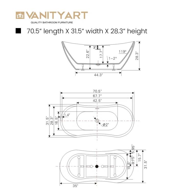 Ophelia 71" x 32'' Freestanding Soaking Acrylic Bathtub