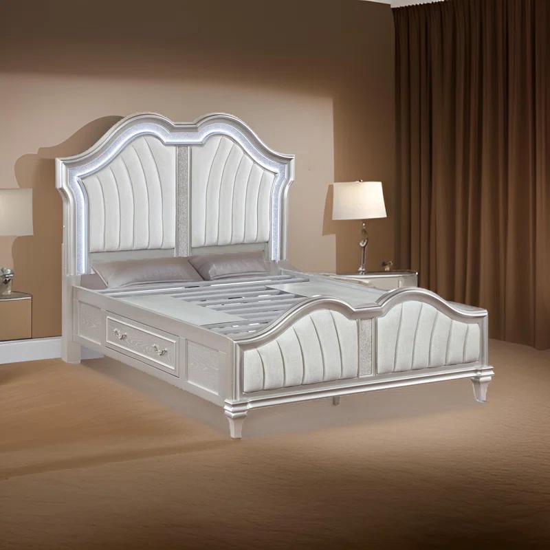 Benjara Nive Bed, LED Arch, Ivory Upholstery, Storage, Silver