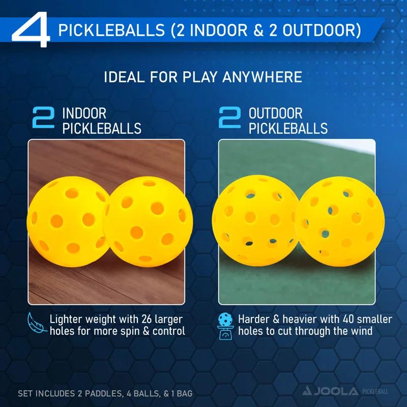 Joola USA JOOLA Ben Johns Pickleball Set w/ 2 Fiberglass Paddles - Includes 2 Indoor & 2 Outdoor Balls & Bag