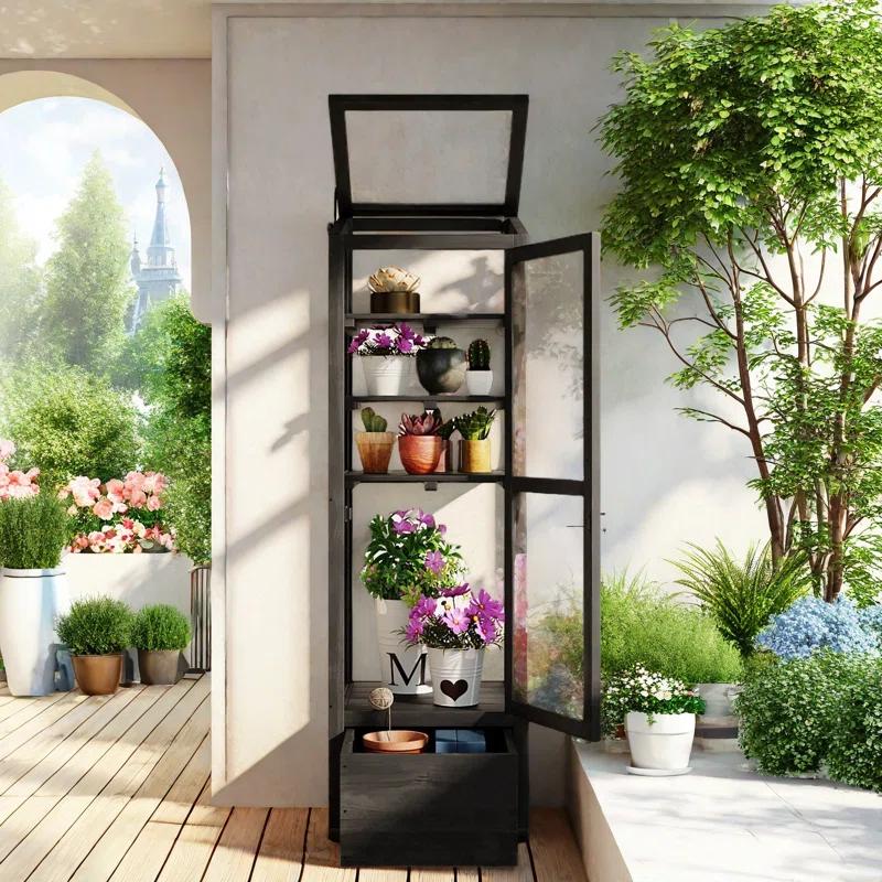 mosaicmotifco Wood Garden Greenhouse Balcony Portable Mini Cold Frame With Movable Storage Box, Adjustable Shelves And 1 Drawer