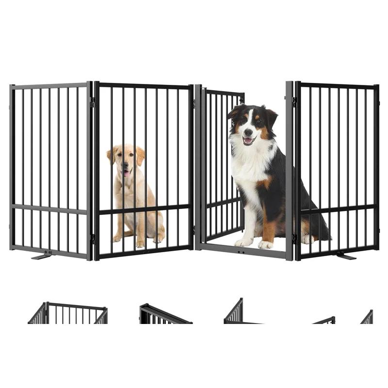 Full Matel Freestanding Dog Gate With Door, 32 Inch Height Foldable Pet Dog Fence Extra Wide Free Standing Small Dog Gates For Doorways,House,Stairs,Porch,Deck,Yard