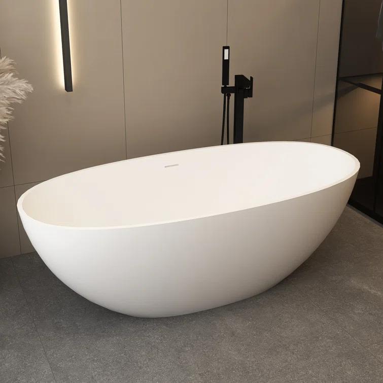 TCYO 65 in. x 30 in. Solid Surface Freestanding Soaking Bathtub with Center Drain in Matte White TYMYBT11-65MW
