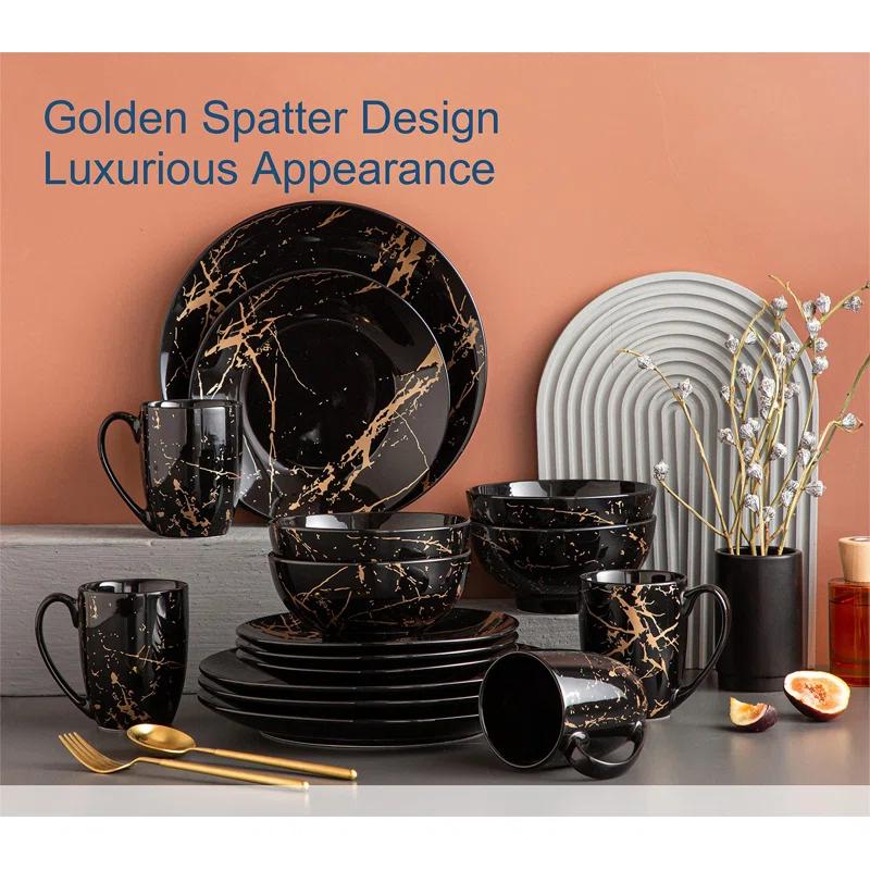 Plates And Bowls Sets For 4, Porcelain Dinnerware Sets  Gold Splash Glaze Ceramic Dish Set, Round Dinner Set With Mugs, Dishwasher Microwave Safe,(Black/16 Piece)