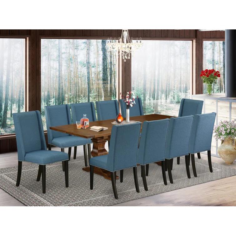 Luxe by East West Furniture 11 Piece Dining Table Set Includes a Rectangle Dining Room Table with Removable Leaf and 10 Blue Linen Fabric Upholstered Chairs, Antique Walnut