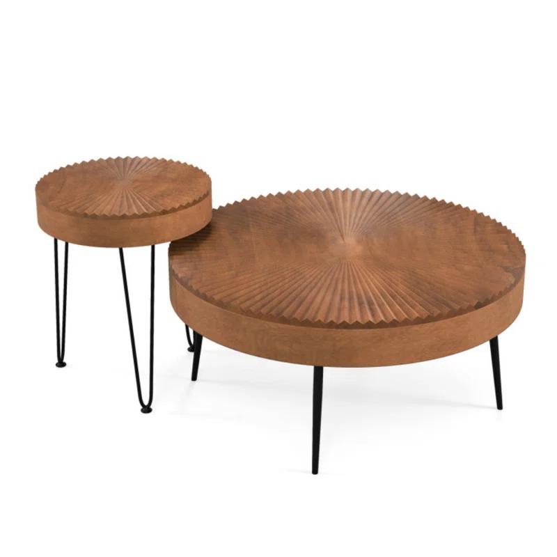 Millwood Pines Set of 2 Boho Round Coffee Table with Solid Pine Wood Top and Metal Legs