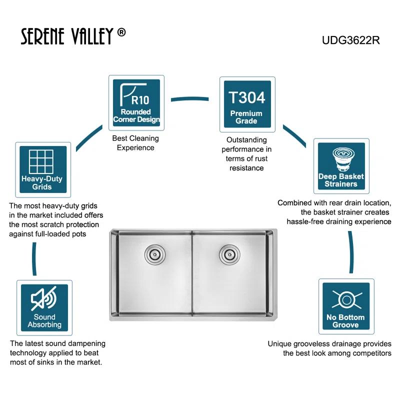 Serene Valley UDG3622R 36 in. Double Bowl Undermount Kitchen Sink, Thin Divider and Heavy-Duty Grids