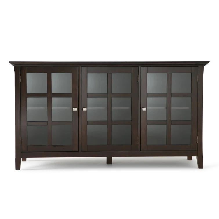 Simpli Home Acadian 62"W Solid Wood 3-Shelf Storage Cabinet with Tempered Glass Doors and Adjustable Shelves