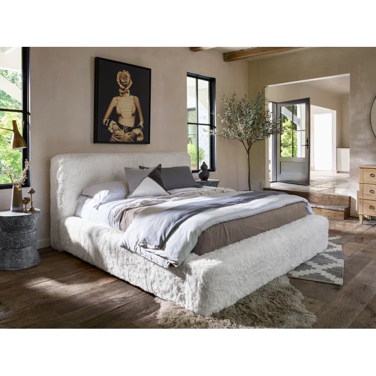 Queen White Upholstered Bed with Plush Headboard