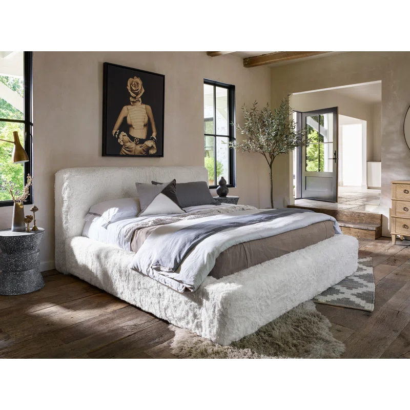 Queen White Upholstered Bed with Plush Headboard