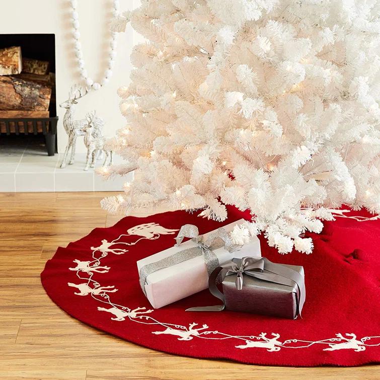 Arcadia Home Cream Reindeer on Red Christmas Tree Skirt in Hand Felted Wool - 60"/72"
