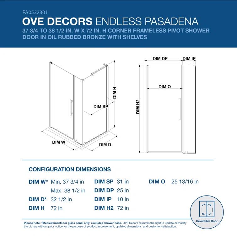 Ove Decors Endless Pasadena 38" W x 72" H Corner Frameless Shower Kit, Door, Panel, Shelves PA0532301