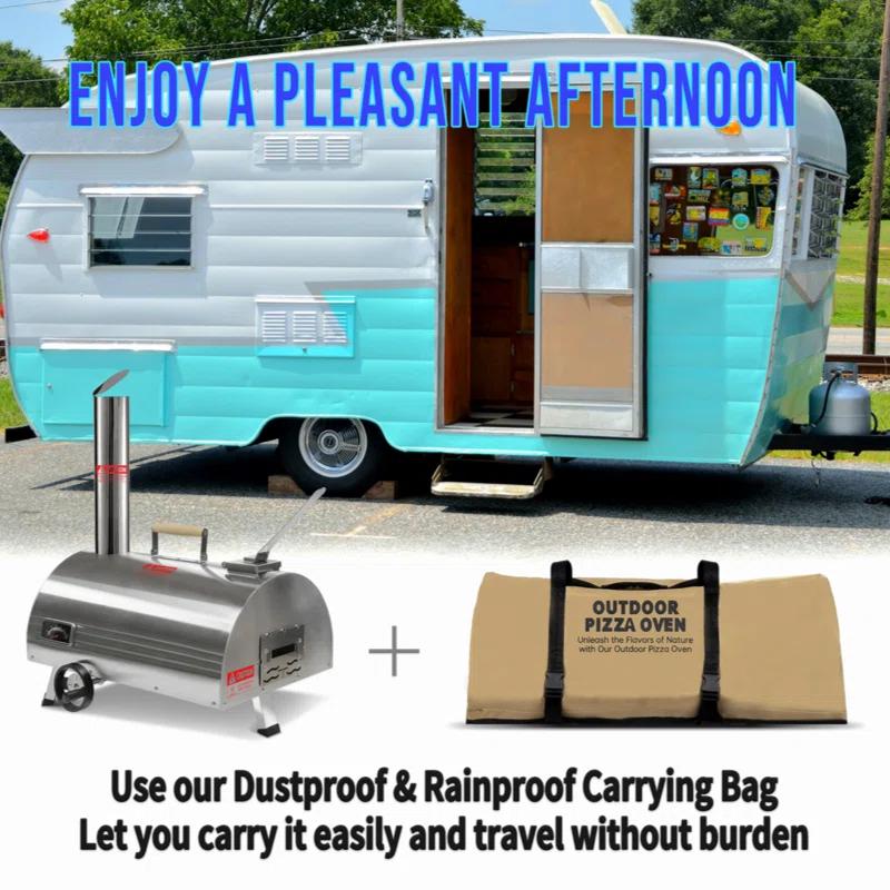 Builddecor Silver Pizza Oven Outdoor 12" Semi-Automatic Rotatable Pizza Ovens Portable Stainless Steel Wood Fired Pizza Oven Pizza Maker With Built-In Thermometer Pizza Cutter Carry Bag