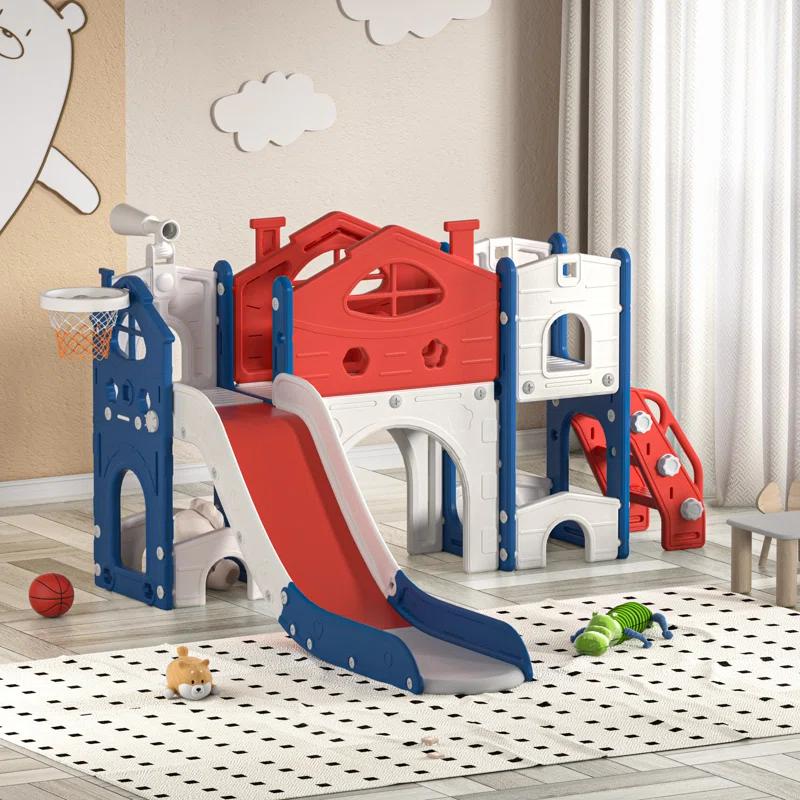 ningbolubikejiyouxiangongsi Kids Slide Playset With Climber, Toddlers Freestanding Castle With Basketball, Storage Area, Tunnel For Indoors And Outdoors, Gift For Children
