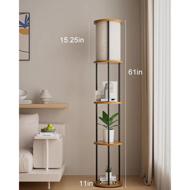 17 Stories Lightdot 61IN 3-Tier Shelf Floor Lamp With E26 Bulb Included, Black Standing Lamp For Living Room, Bedroom, Sofa Corner - Sturdy Wood Design With Fabric Lampshade