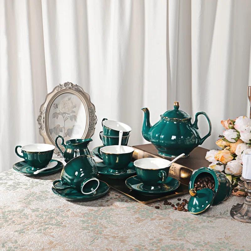 Rosdorf Park Malerba 21 Piece Vintage Porcelain Tea Set, Green With Gold Trim China Coffee Service For 6, Large Teapot, Tea Cup And Saucers Set, Christmas Gifts
