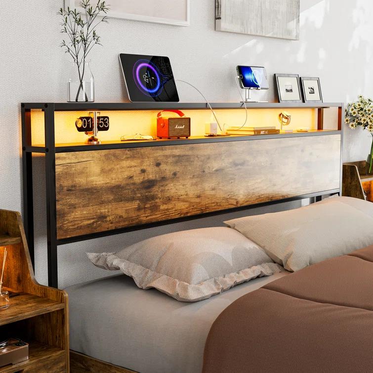Ivy Bronx Kaiwei Storage Headboard With Led Lights & Charging Station - Industrial Metal And Wood