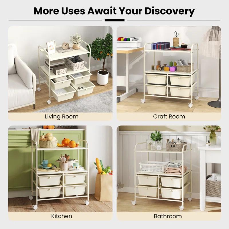 Latitude Run® Rolling Storage Cart Metal Rack Shelf 4 Drawers Home Office Furniture