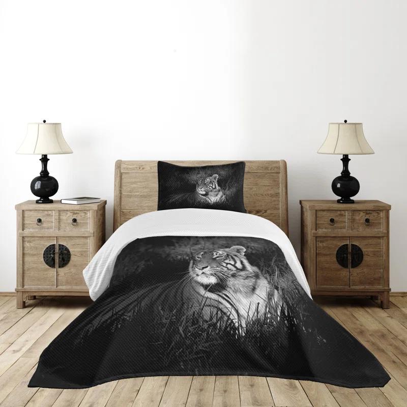 Ambesonne Ambesonne Black and White Bedspread Set Bengal Tiger Black White