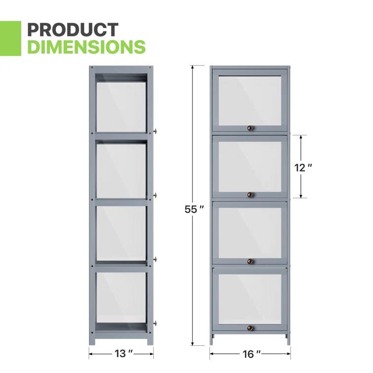 Magshion Modern 55" 4-Tier Transparent Display Cabinet Floor Standing Showcase With Flip-Up Door, Ideal For Living Room, Bedroom, Or Office Curio Collection