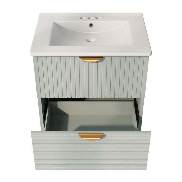 Tryimagine Modern 24-Inch Wall-Mounted Bathroom Vanity With 2 Drawers, Green - Ideal For Small Bathrooms